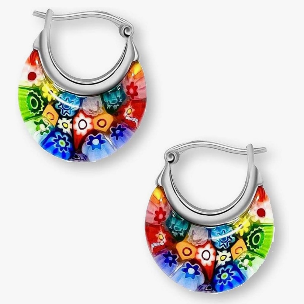 Italian Murano Millefiori Glass Basket Design Hoop Earrings